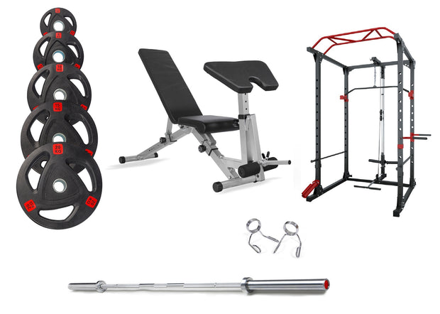 50KG / 70KG / 100KG Olympic Weight Plates + 6FT or 7FT Olympic Barbell + Multi-Gym Squat Rack  + Adjustable Weight Bench