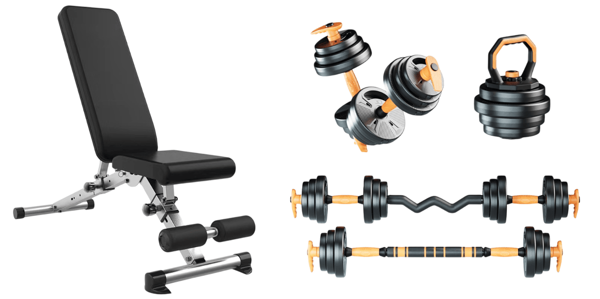 6-in-1 Dumbbell, Barbell Kettlebell Set with Bench – Strongway