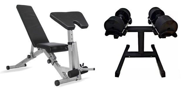 Strongway Gym Supplies 32KG Adjustable Dumbbells / WITH Stand / Adjustable Weight Bench with Preacher Curl and Leg Workout 32KG or 40KG Adjustable Dumbbells Set (PAIR) with Stand and Adjustable Weight Bench