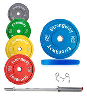 Strongway Gym Supplies Free Weights 50KG SET + 6FT BARBELL 50KG / 70KG / 100KG Coloured Bumper Weight Plates + 6FT or 7FT Olympic Barbell Set