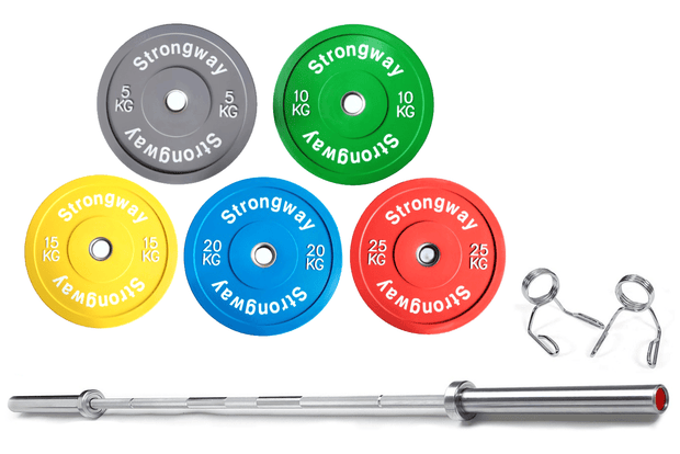 Strongway Gym Supplies Free Weights 50KG / 70KG / 100KG Coloured Bumper Weight Plates + 6FT or 7FT Olympic Barbell Set