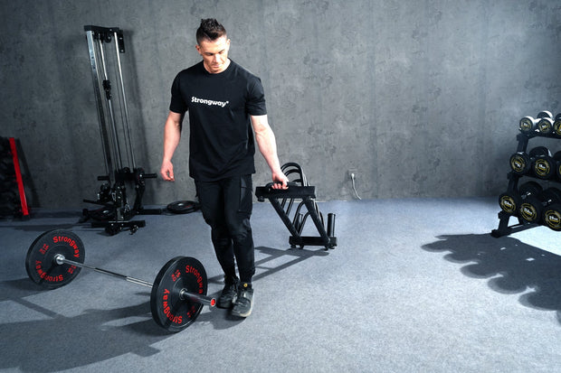 Strongway Gym Supplies Free Weights 50KG/70KG/100KG Olympic Bumper Weight Plates + 6FT or 7FT Barbell + Bench with Barbell Rack