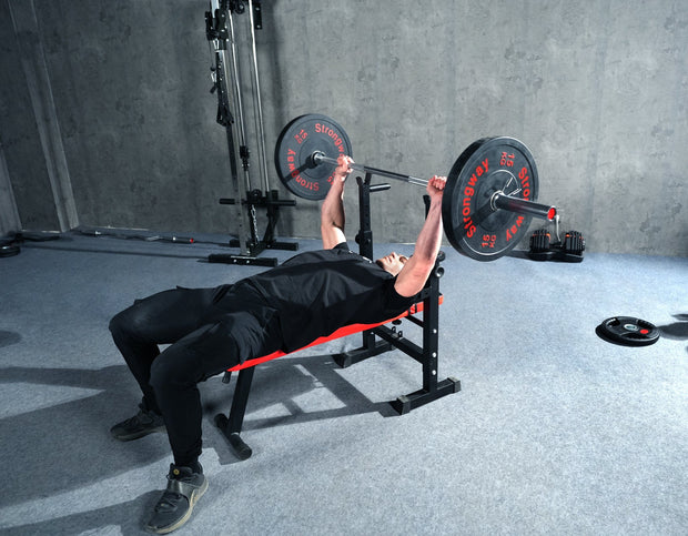 Strongway Gym Supplies Free Weights 50KG/70KG/100KG Olympic Bumper Weight Plates + 6FT or 7FT Barbell + Bench with Barbell Rack