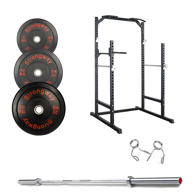 Strongway Gym Supplies Free Weights 50KG Olympic Weight Plates + Multi-Gym Squat Rack / + 6FT Barbell 50KG/70KG/100KG Olympic Bumper Weight Plates + 6FT or 7FT Barbell + Half Power Cage