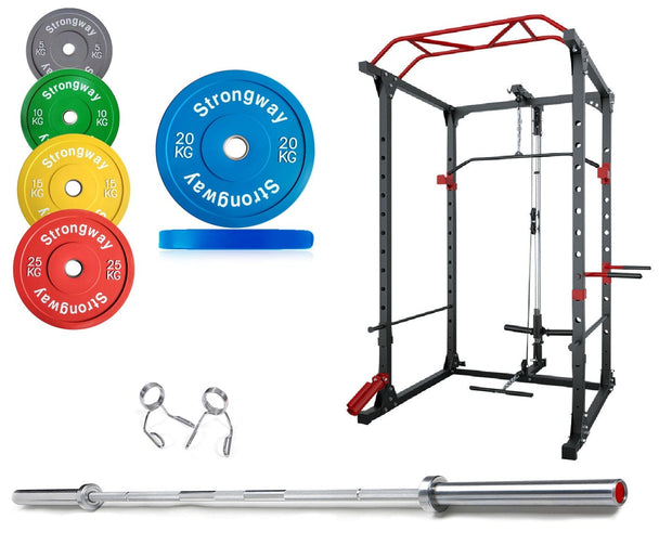 Strongway Gym Supplies Free Weights 50KG Olympic Weight Plates + Multi-Gym Squat Rack / + 6FT Barbell 50KG/70KG/100KG Olympic Bumper Weight Plates + 6FT or 7FT Barbell + Multi-Gym Squat Rack