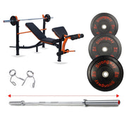Strongway Gym Supplies Free Weights 50KG Olympic Weight Plates +  Adjustable Weight Bench with Barbell Rack / + 6FT Barbell 50KG / 70KG / 100KG Olympic Bumper Weight Plates + 6FT or 7FT Olympic Barbell + Adjustable Weight Bench with Barbell Rack