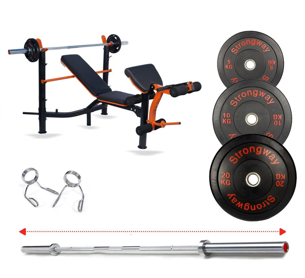 Strongway Gym Supplies Free Weights 50KG Olympic Weight Plates +  Adjustable Weight Bench with Barbell Rack / + 6FT Barbell 50KG / 70KG / 100KG Olympic Bumper Weight Plates + 6FT or 7FT Olympic Barbell + Adjustable Weight Bench with Barbell Rack