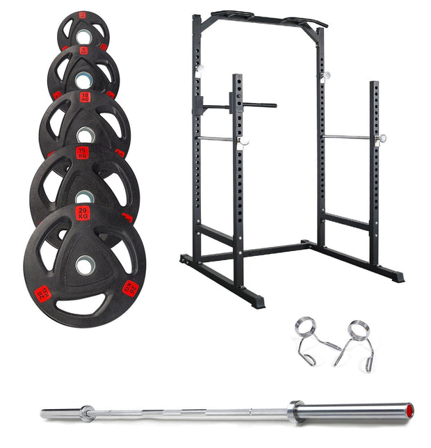 Strongway Gym Supplies Free Weights 50KG Olympic Weight Plates + Multi-Gym Squat Rack / + 6FT Barbell 50KG/70KG/100KG Olympic Weight Plates + 6FT or 7FT Barbell + Half Power Cage