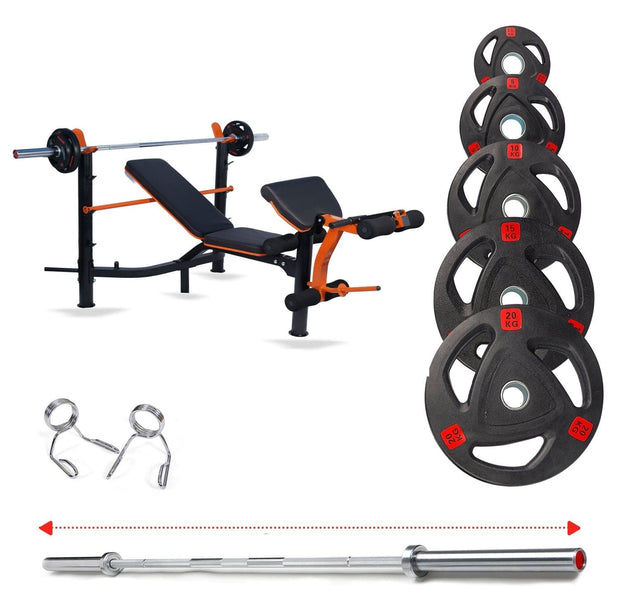 Strongway Gym Supplies Free Weights 50KG Olympic Weight Plates +  Adjustable Weight Bench with Barbell Rack / + 6FT Barbell 50KG / 70KG / 100KG Olympic Weight Plates + 6FT or 7FT Olympic Barbell + Adjustable Weight Bench with Barbell Rack