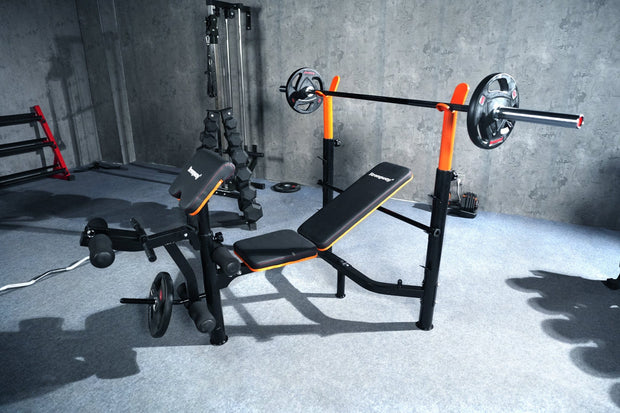 Strongway Gym Supplies Free Weights 50KG / 70KG / 100KG Olympic Weight Plates + 6FT or 7FT Olympic Barbell + Adjustable Weight Bench with Barbell Rack