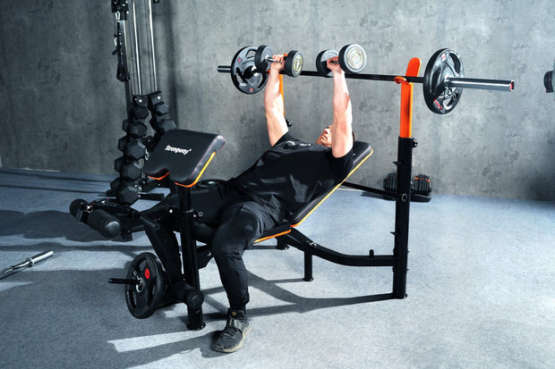 Strongway Gym Supplies Free Weights 50KG / 70KG / 100KG Olympic Weight Plates + 6FT or 7FT Olympic Barbell + Adjustable Weight Bench with Barbell Rack