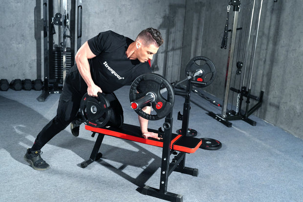 Strongway Gym Supplies 50KG / 70KG / 100KG Olympic Weight Plates + 6FT or 7FT Olympic Barbell + Adjustable Weight Bench with Barbell Rack