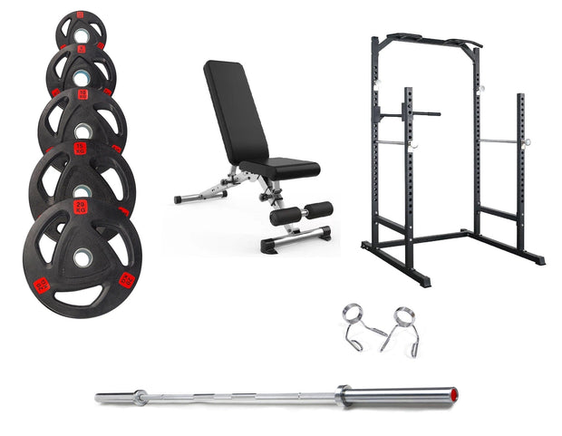 Strongway Gym Supplies Free Weights 50KG Olympic Weight Plates + Multi-Gym Squat Rack + Adjustable Weight Bench / + 6FT Barbell 50KG / 70KG / 100KG Olympic Weight Plates + 6FT or 7FT Olympic Barbell + Half Power Cage  + Adjustable Weight Bench