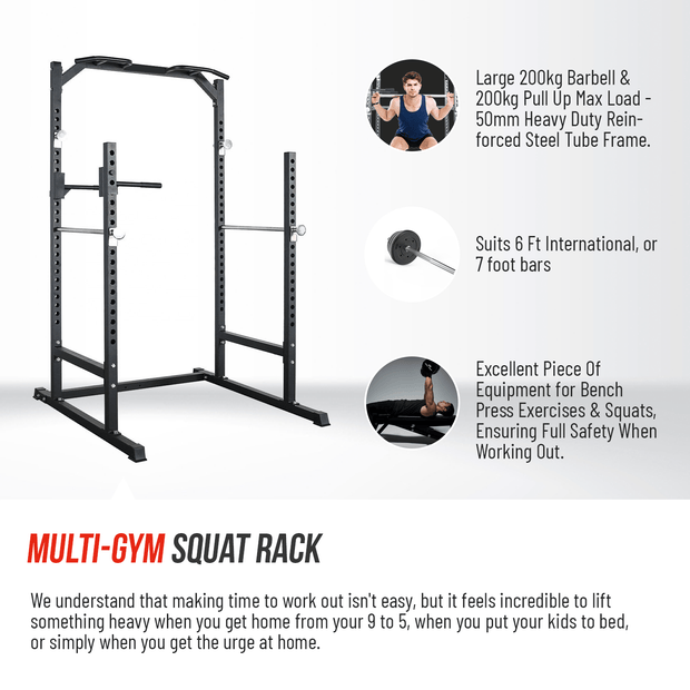 Strongway Gym Supplies Free Weights 50KG / 70KG / 100KG Olympic Weight Plates + 6FT or 7FT Olympic Barbell + Half Power Cage  + Adjustable Weight Bench