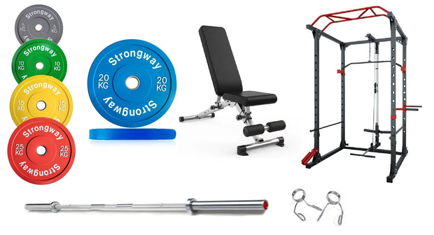 Strongway Gym Supplies Free Weights 50KG Olympic Weight Plates + Multi-Gym Squat Rack + Adjustable Weight Bench / + 6FT Barbell 50KG / 70KG / 100KG Olympic Weight Plates + 6FT or 7FT Olympic Barbell + Multi-Gym Squat Rack  + Adjustable Weight Bench