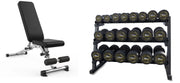 Complete Rubber Dumbbells Set with 3 Tier Storage Rack + Adjustable Weight Bench