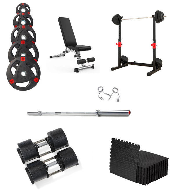 Ultimate Set - Olympic Weight Plates + Olympic Barbell + Adjustable Squat and Barbell Rack + Adjustable Dumbbells + Weight Bench + Gym Mats