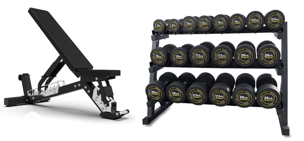 Complete Rubber Dumbbells Set with 3 Tier Storage Rack + Adjustable Weight Bench