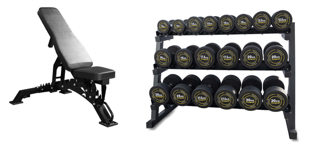 Complete Rubber Dumbbells Set with 3 Tier Storage Rack + Adjustable Weight Bench