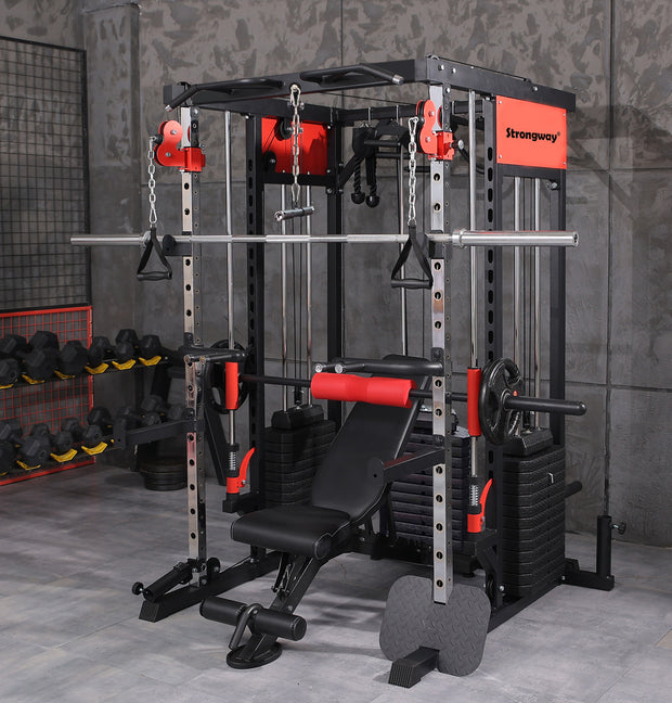 Strongway PREMIUM Multi Gym Smith Machine with Weights (3 Weight Stacks) - Multifunction Home Gym Machine