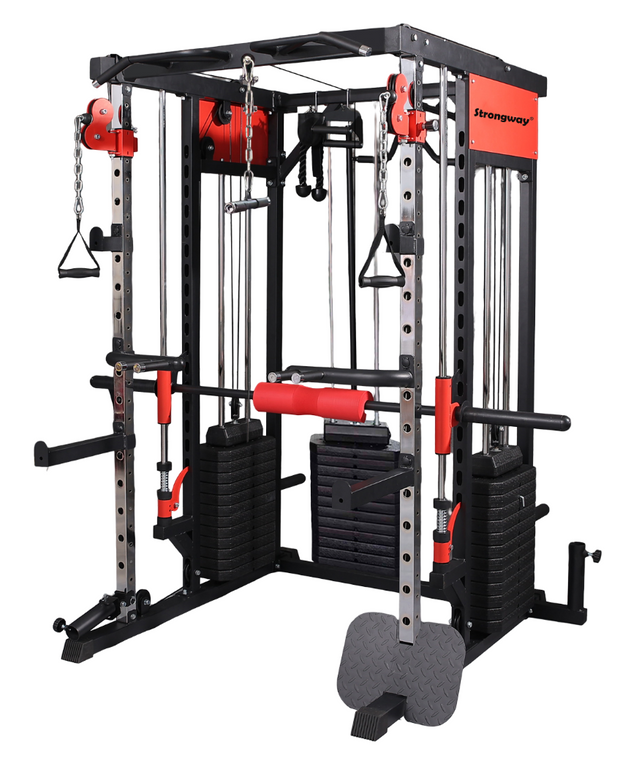 Strongway PREMIUM Multi Gym Smith Machine with Weights (3 Weight Stacks) - Multifunction Home Gym Machine