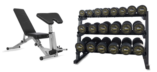 Complete Rubber Dumbbells Set with 3 Tier Storage Rack + Adjustable Weight Bench