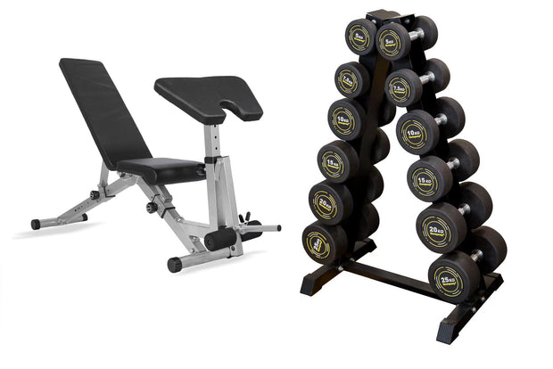 Complete Rubber Dumbbells Set with Storage Stand + Adjustable Weight Bench