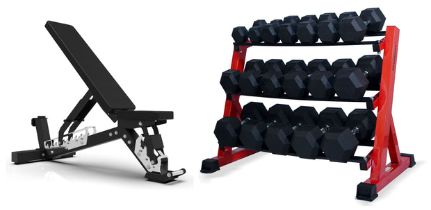 Strongway Gym Supplies 5-20KG PACKAGE / Adjustable Heavy Duty Commercial Grade Bench Complete Hex Dumbbells Set with 3 Tier Storage Rack + Adjustable Weight Bench Packages