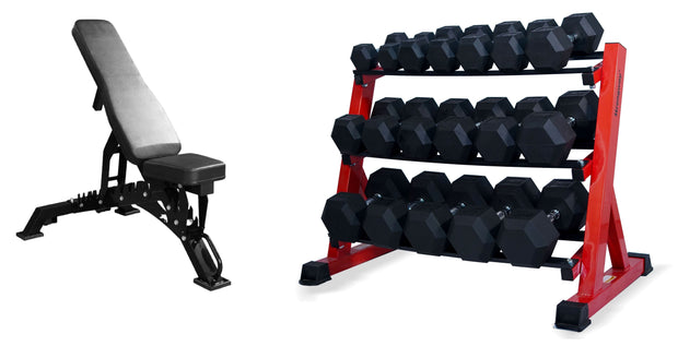 Strongway Gym Supplies 5-20KG PACKAGE / Adjustable Weight Bench (Heavy Duty) Complete Hex Dumbbells Set with 3 Tier Storage Rack + Adjustable Weight Bench Packages