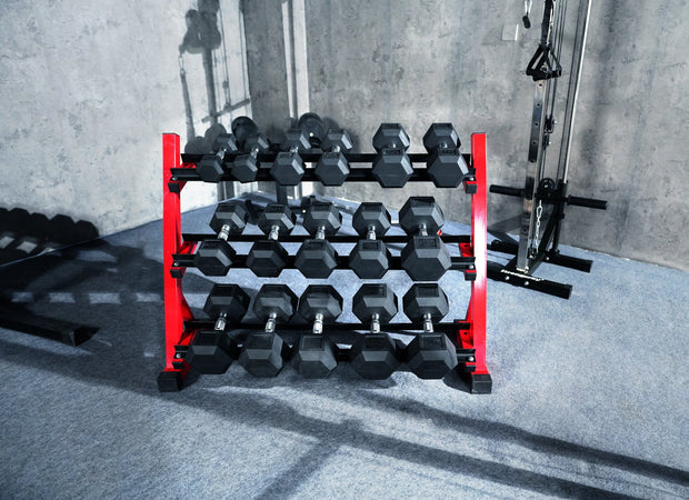 Strongway Gym Supplies Complete Hex Dumbbells Set with 3 Tier Storage Rack + Adjustable Weight Bench Packages