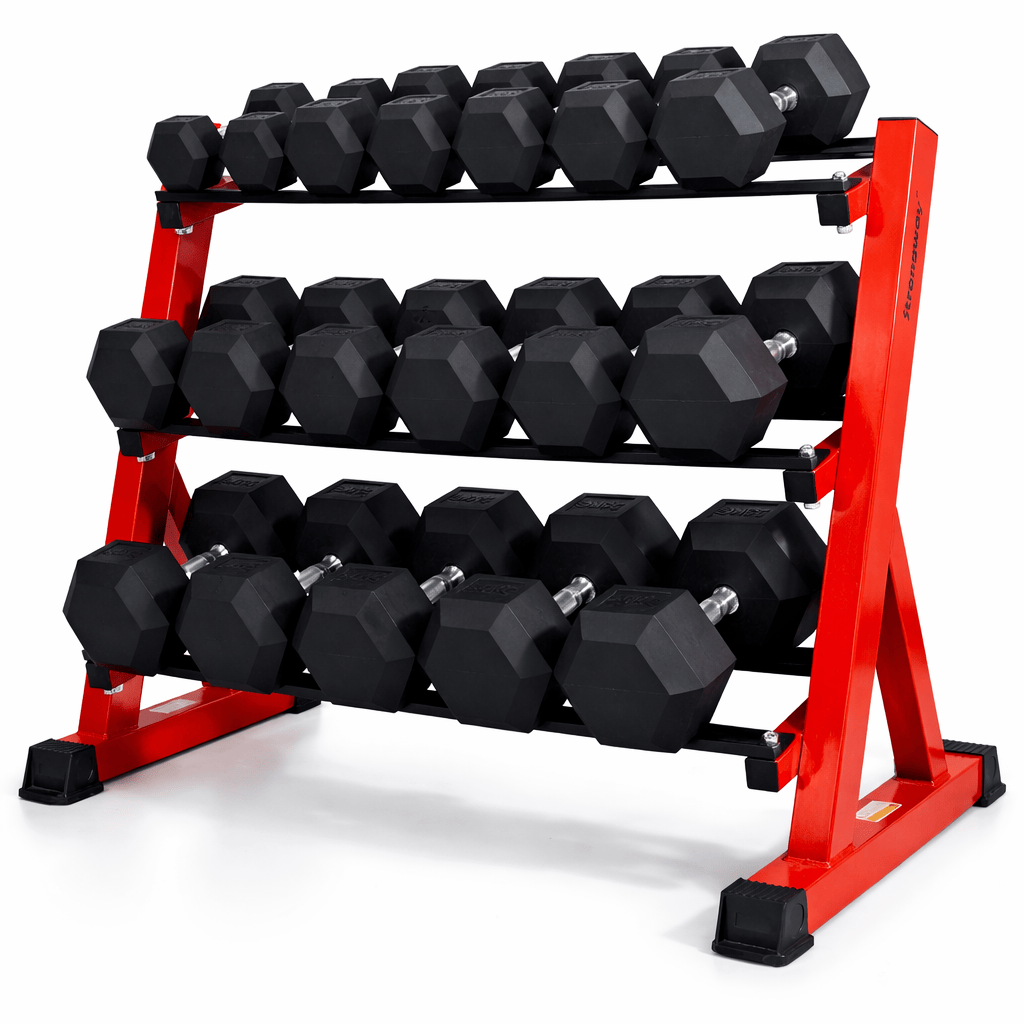 Hex Dumbbells Set with 3 Tier Storage - Strongway Gym Supplies