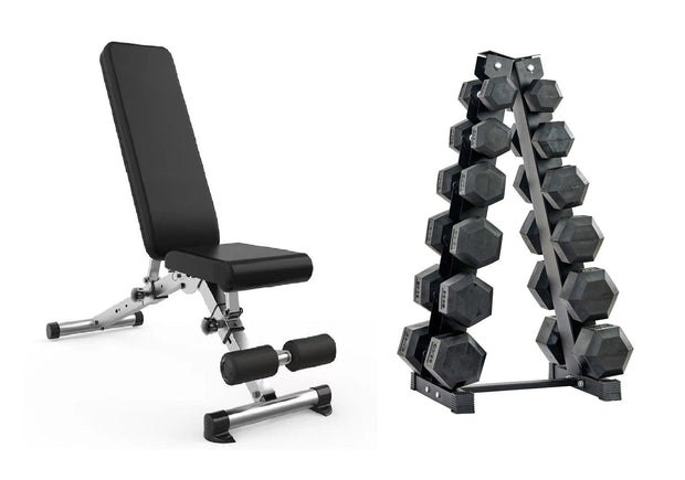 Strongway Gym Supplies 2.5-15KG PACKAGE / Adjustable Weight Bench (Foldable) Complete Hex Dumbbells Set with Storage Stand + Adjustable Weight Bench Packages