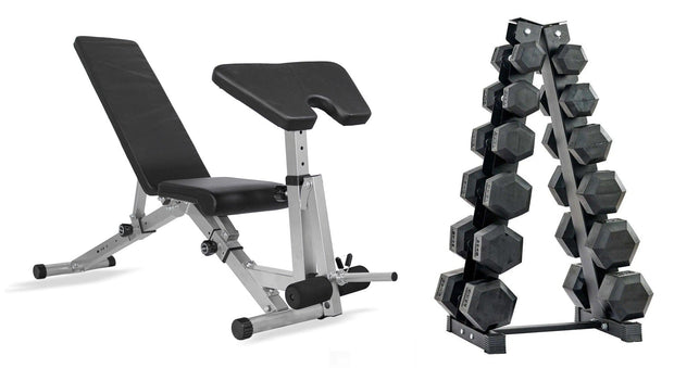 Strongway Gym Supplies 2.5-15KG PACKAGE / Adjustable Weight Bench with Preacher Curl and Leg Workout Complete Hex Dumbbells Set with Storage Stand + Adjustable Weight Bench Packages