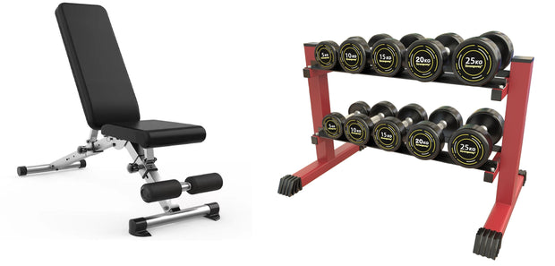 Strongway Gym Supplies 5-15KG PACKAGE / Adjustable Weight Bench (Foldable) Complete Rubber Dumbbells Set with 2 Tier Storage Rack + Adjustable Weight Bench