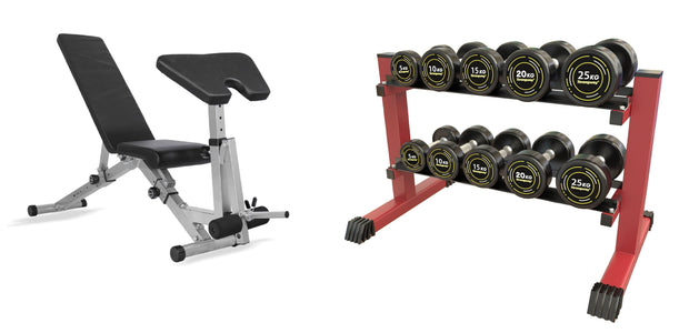Strongway Gym Supplies 5-15KG PACKAGE / Adjustable Weight Bench with Preacher Curl and Leg Workout Complete Rubber Dumbbells Set with 2 Tier Storage Rack + Adjustable Weight Bench