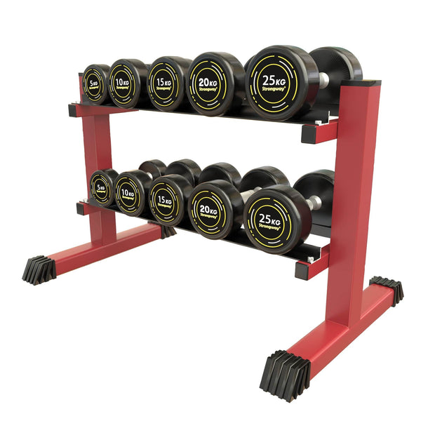 Strongway Gym Supplies Complete Rubber Dumbbells Set with 2 Tier Storage Rack + Adjustable Weight Bench