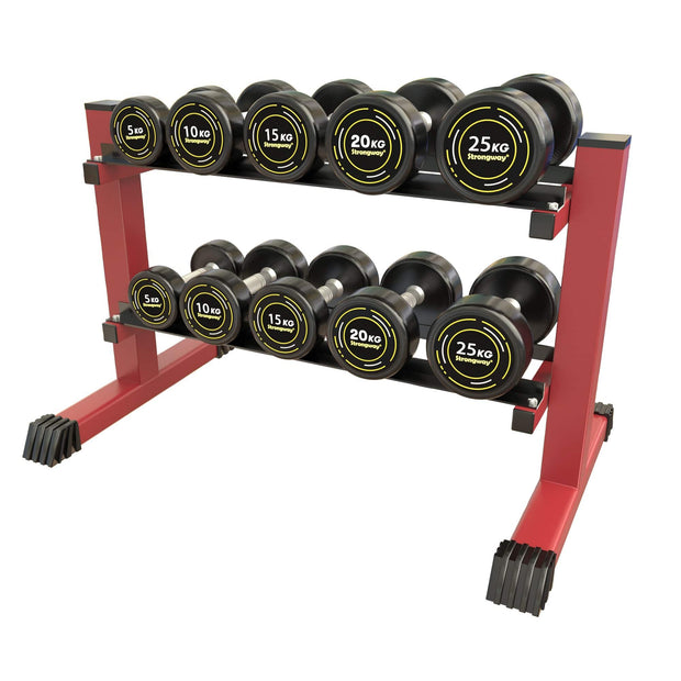 Strongway Gym Supplies Complete Rubber Dumbbells Set with 2 Tier Storage Rack + Adjustable Weight Bench