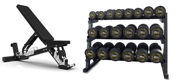 Strongway Gym Supplies 5-20KG PACKAGE / Adjustable Heavy Duty Commercial Grade Bench Complete Rubber Dumbbells Set with 3 Tier Storage Rack + Adjustable Weight Bench