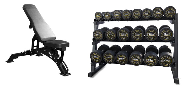 Strongway Gym Supplies 5-20KG PACKAGE / Adjustable Weight Bench (Heavy Duty) Complete Rubber Dumbbells Set with 3 Tier Storage Rack + Adjustable Weight Bench