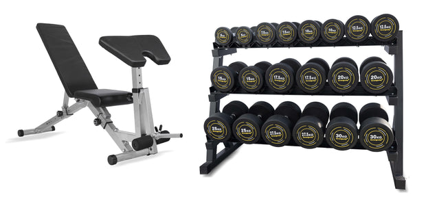 Strongway Gym Supplies 5-20KG PACKAGE / Adjustable Weight Bench with Preacher Curl and Leg Workout Complete Rubber Dumbbells Set with 3 Tier Storage Rack + Adjustable Weight Bench