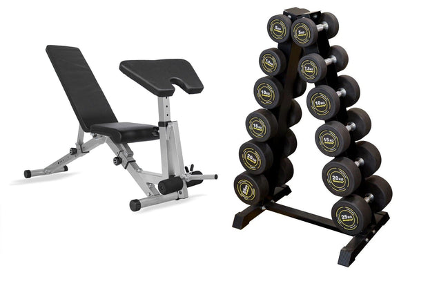 Strongway Gym Supplies 5-20KG PACKAGE / Adjustable Weight Bench with Preacher Curl and Leg Workout Complete Rubber Dumbbells Set with Storage Stand + Adjustable Weight Bench