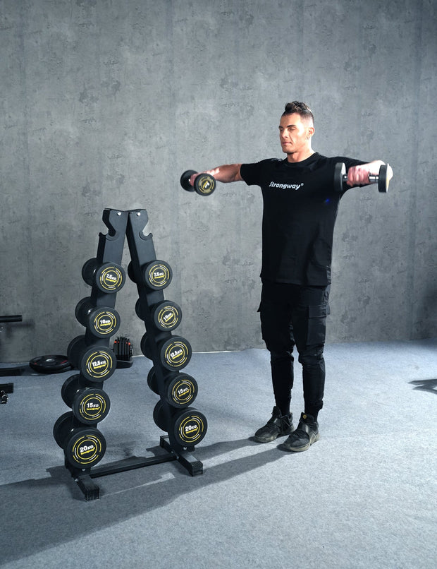 Strongway Gym Supplies Complete Rubber Dumbbells Set with Storage Stand + Adjustable Weight Bench