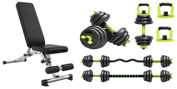Strongway Adjustable 6 in 1 Dumbbell Barbell Kettlebell Push Up Set - 20KG, 30KG and 40KG SETS with Adjustable Weight Bench