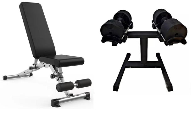 Strongway Gym Supplies 32KG Adjustable Dumbbells + Adjustable Bench / WITH Stand Strongway 32KG Adjustable Dumbbells Set (PAIR) with Stand and Adjustable Weight Bench