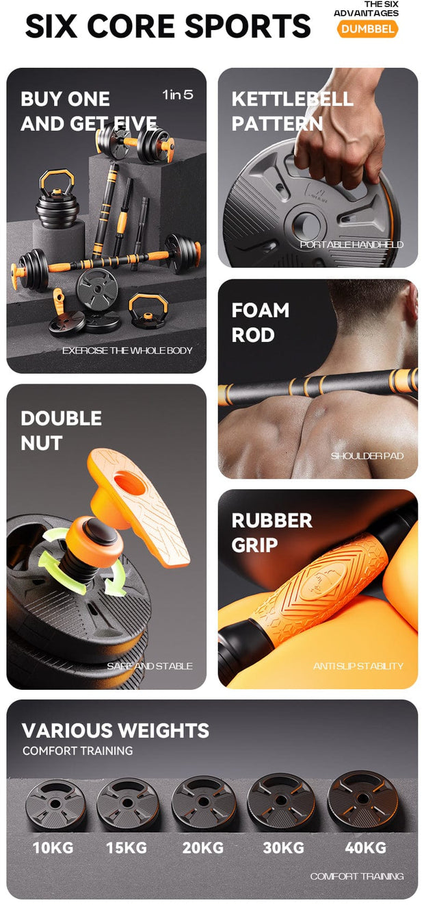Strongway Gym Supplies Strongway Adjustable 6 in 1 Dumbbell Barbell Kettlebell Push Up Set - 20KG, 30KG and 40KG SETS