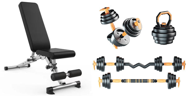 Strongway Gym Supplies 20KG SET + ADJUSTABLE BENCH Strongway Adjustable 6 in 1 Dumbbell Barbell Kettlebell Push Up Set - 20KG, 30KG and 40KG SETS with Adjustable Weight Bench