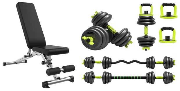 Strongway Gym Supplies Strongway Adjustable 6 in 1 Dumbbell Barbell Kettlebell Push Up Set - 20KG, 30KG and 40KG SETS with Adjustable Weight Bench