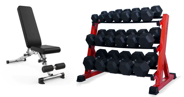 Strongway Gym Supplies Strongway Complete Hex Dumbbells Set with 3 Tier Storage Rack + Adjustable Weight Bench