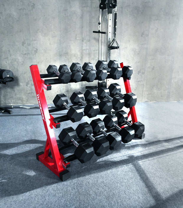 Strongway Gym Supplies Strongway Complete Hex Dumbbells Set with 3 Tier Storage Rack + Adjustable Weight Bench