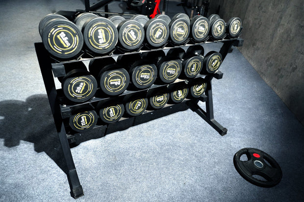 Strongway Gym Supplies Strongway Complete Rubber Dumbbells Set with 3 Tier Storage Rack